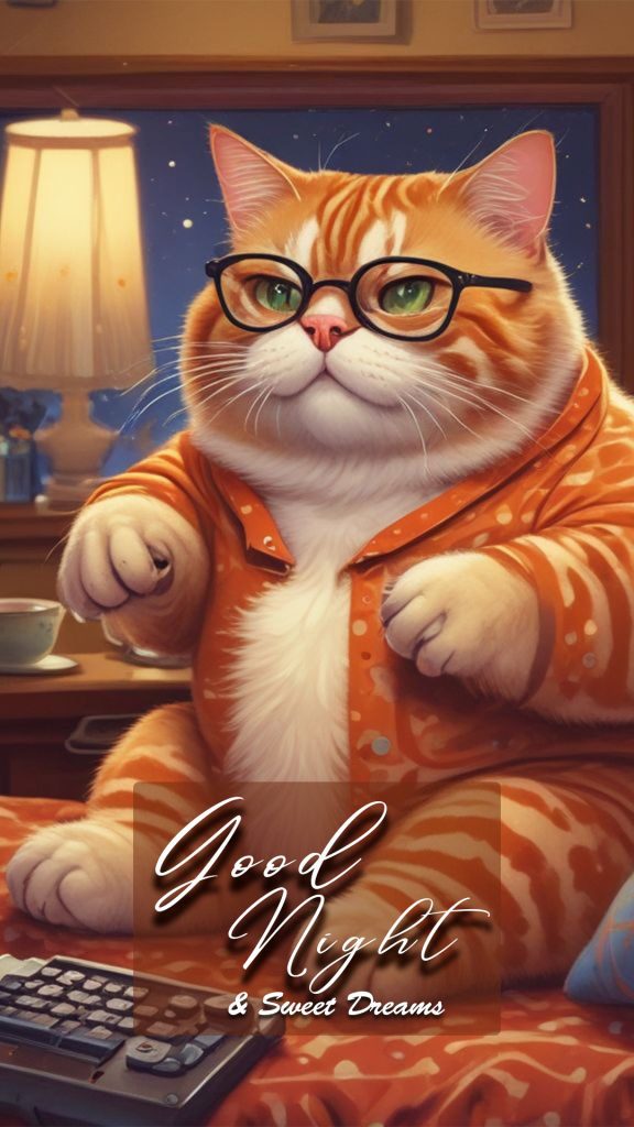 A very cute and chubby cat watching tv peacefully, on the bed at night - funny good night image