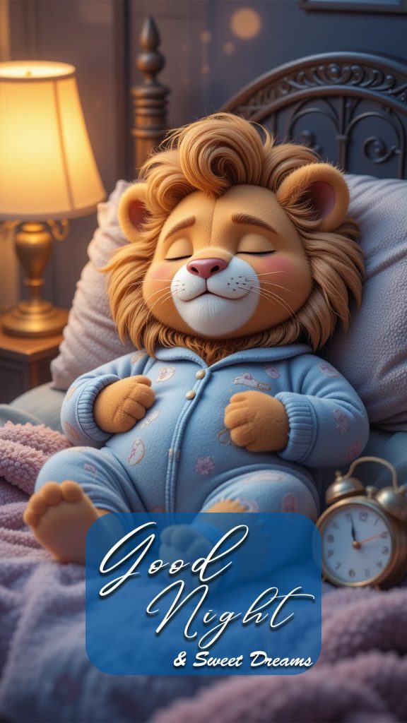 A very cute and chubby lion cartoon sleeping peacefully, on the bed with an alarm clock at night - funny good night image