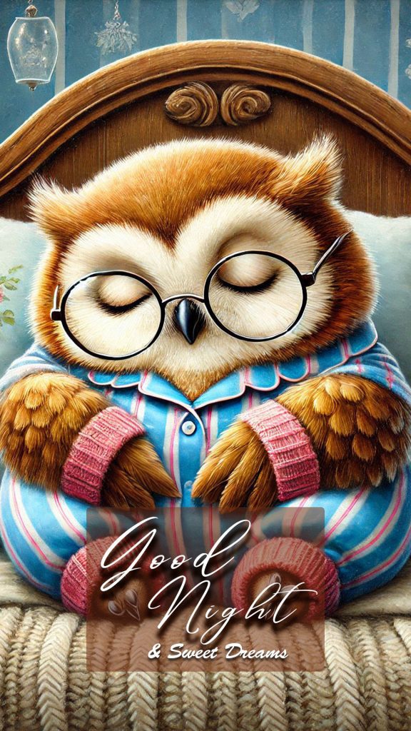 A very cute and chubby owl sleeping peacefully on the bed at night funny good night image Cute Good Night Images