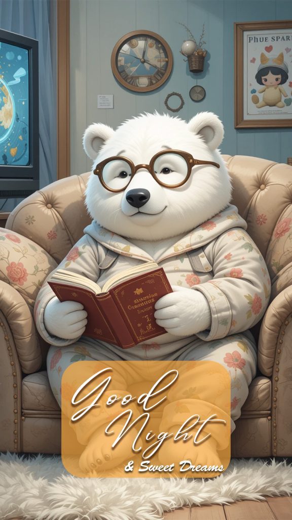 A very cute and chubby polar bear reading a book on the couch peacefully, at night - funny good night image