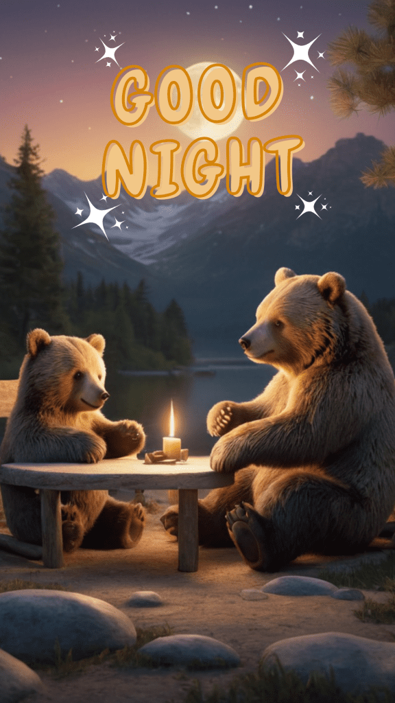 A very cute good night image of a bear couple, having a candle light dinner - a cute good night picture