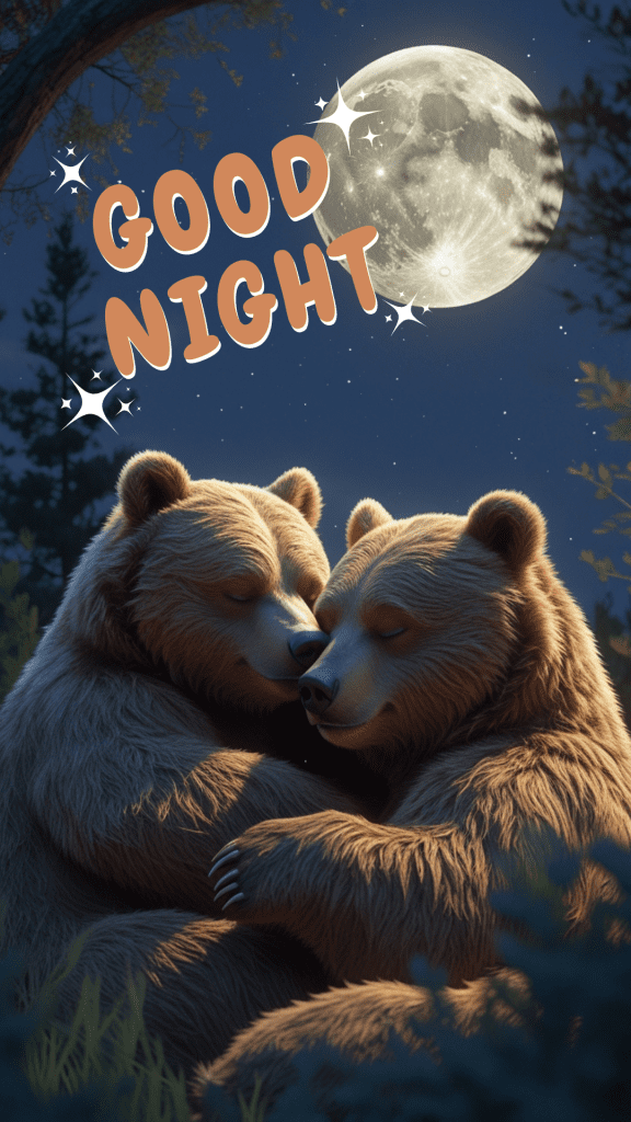 A very cute good night image of a bear couple, hugging each other at night - a cute good night picture 