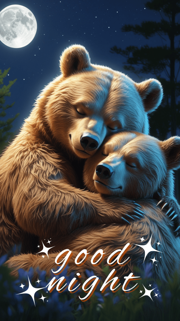 A very cute good night image of a bear couple, hugging each other at night - a cute good night picture