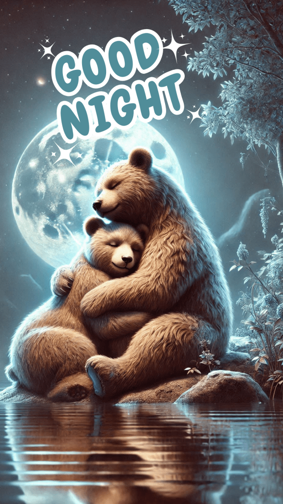 A very cute good night image of a bear couple, hugging each other in full moon night - a cute good night picture