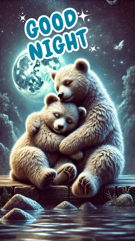 A very cute good night image of a bear couple, hugging each other in full moon night - a cute good night picture