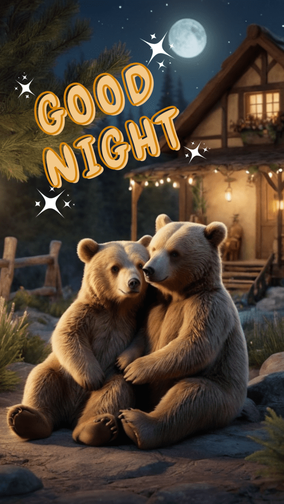 A very cute good night image of a bear couple, sitting with each other in full moon night - a cute good night picture 