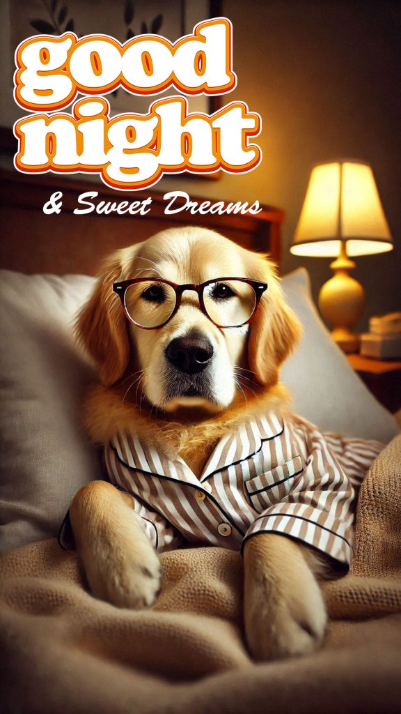 A very cute good night image of a golden retriever wearing a night suit, on the bed - a cute good night picture