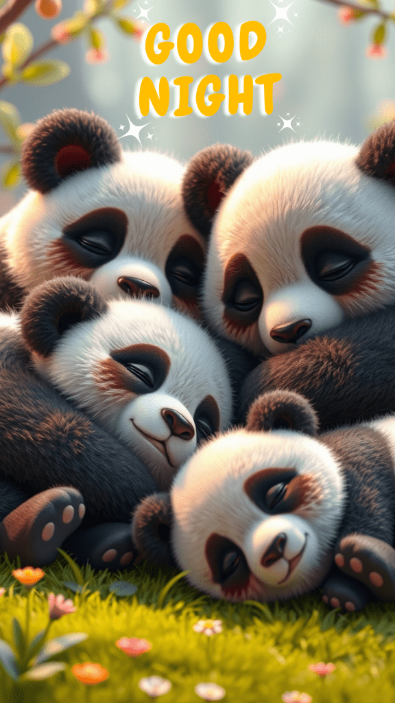 A very cute good night image of a panda family, hugging each other - a cute good night picture