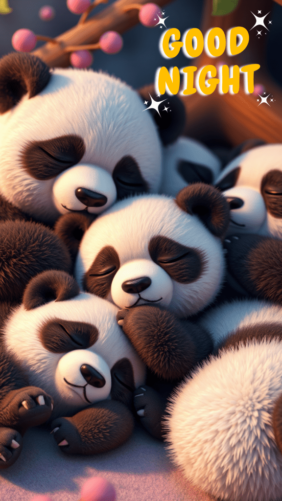 A very cute good night image of a panda family, hugging each other - a cute good night picture 