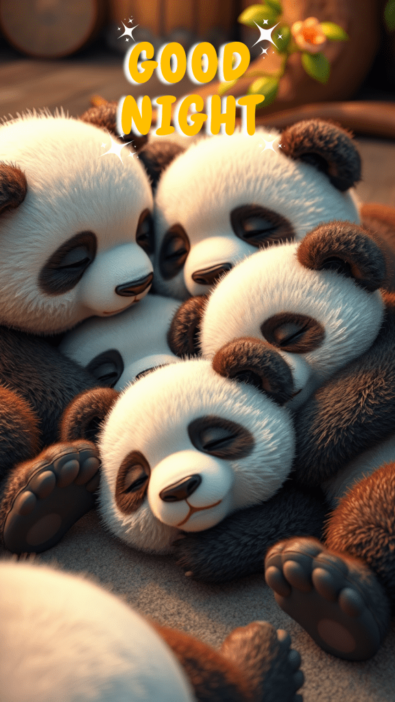 A very cute good night image of a panda family, hugging each other - a cute good night picture 