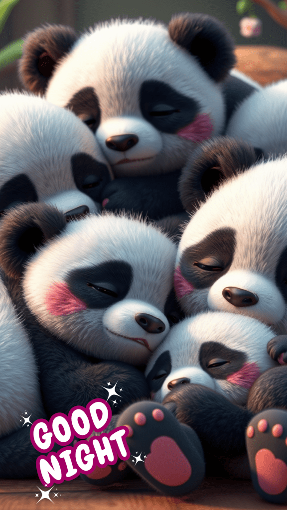 A very cute good night image of a panda family, hugging each other - a cute good night picture 