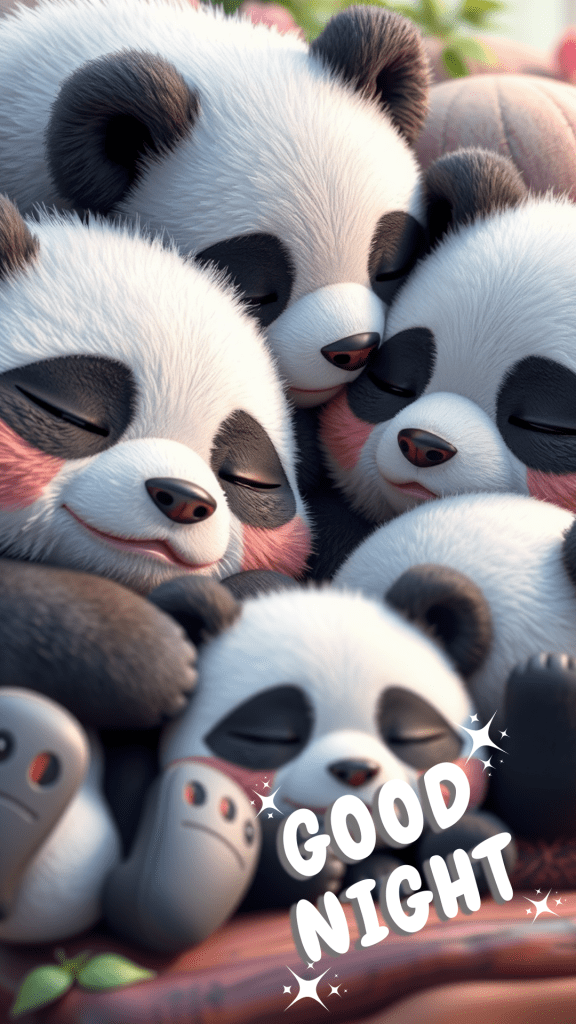A very cute good night image of a panda family, hugging each other - a cute good night picture