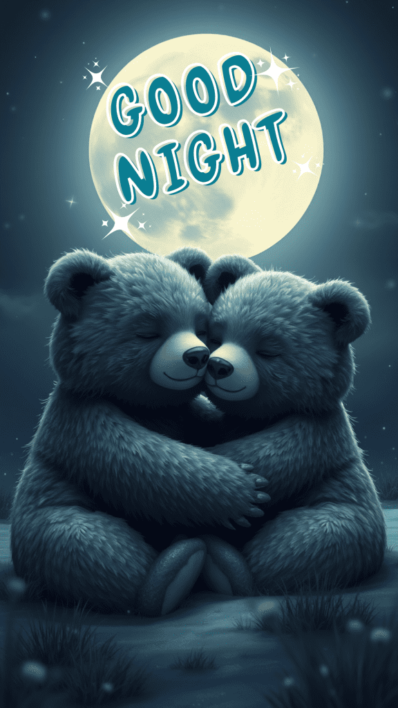 A very cute good night image of a teddy bear couple, hugging each other - a cute good night picture 