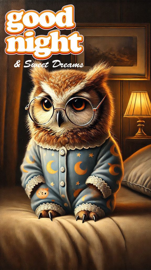A very cute good night image of an owl wearing a night suit, on the bed - a cute good night picture