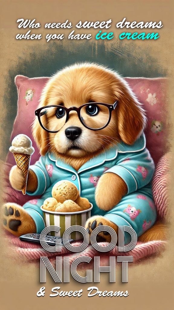 An adorable Golden Retriever puppy cartoon in 3d, eating ice cream with a warm and cozy blanket, and watching television at night - funny good night image 