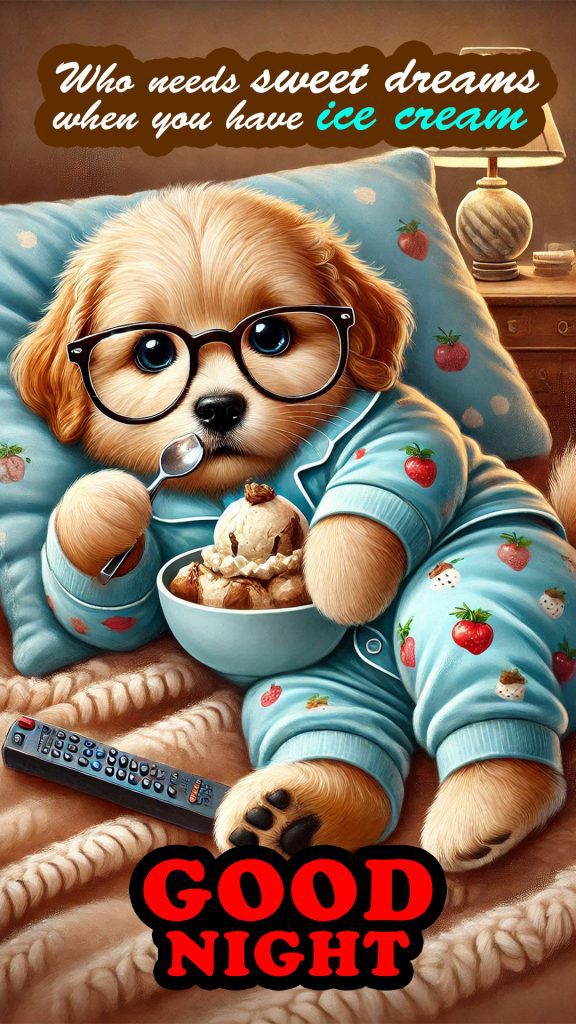 An adorable Golden Retriever puppy cartoon in 3d, eating ice cream with a warm and cozy blanket, and watching television at night - funny good night image 