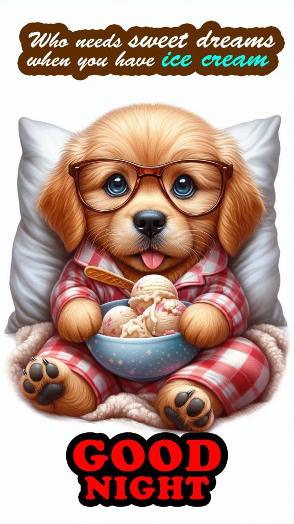 An adorable Golden Retriever puppy cartoon in 3d, eating ice cream with a warm and cozy blanket, and watching television at night - funny good night image 