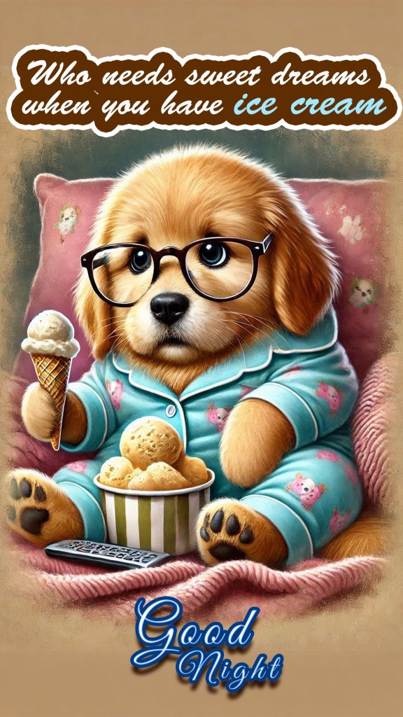An adorable Golden Retriever puppy cartoon in 3d, eating ice cream with a warm and cozy blanket, and watching television at night - funny good night image 