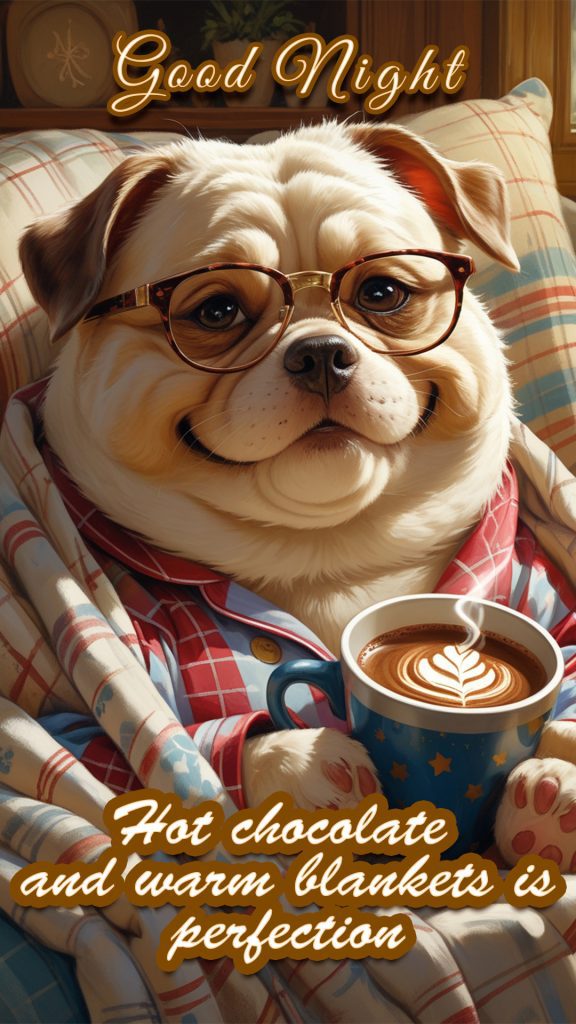 An adorable dog cartoon in 3d, drinking hot chocolate with a warm and cozy blanket, and watching television at night - funny good night image 