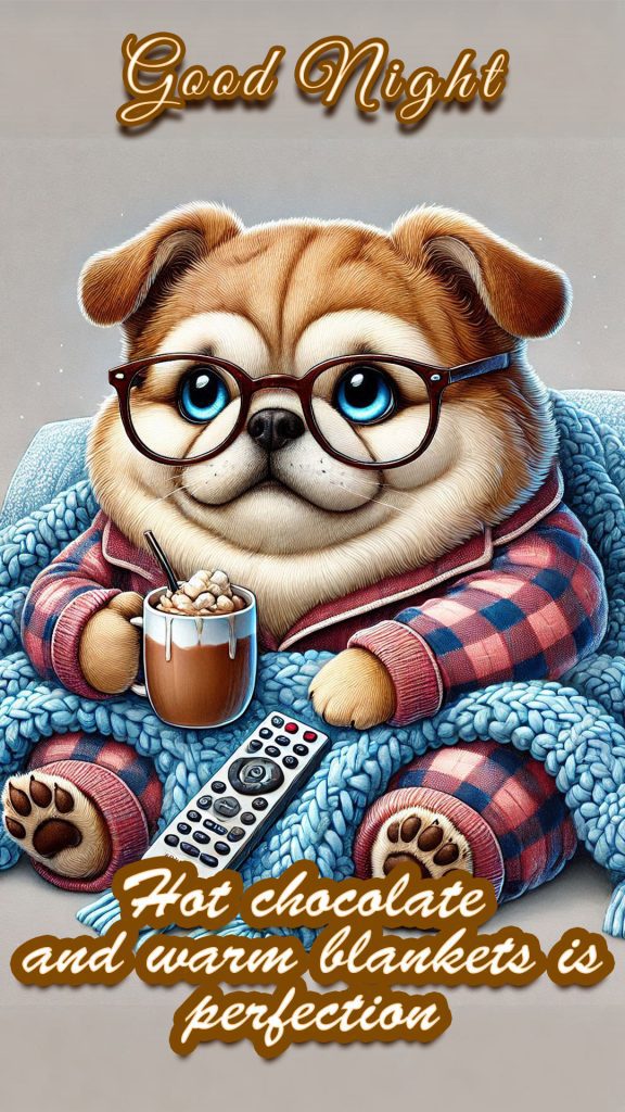 An adorable dog cartoon in 3d, drinking hot chocolate with a warm and cozy blanket, and watching television at night - funny good night image 