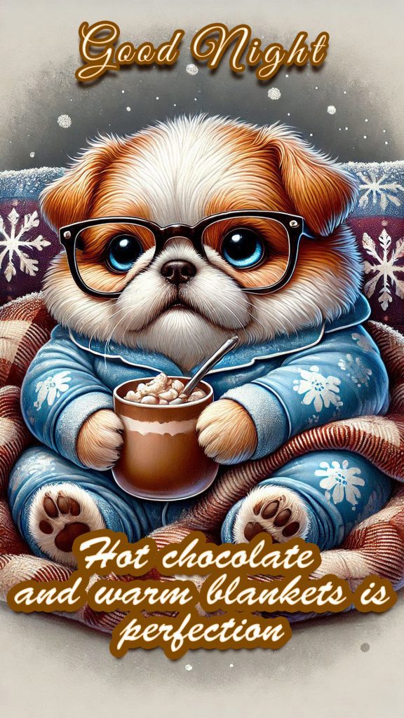An adorable dog cartoon in 3d, drinking hot chocolate with a warm and cozy blanket, and watching television at night - funny good night image 