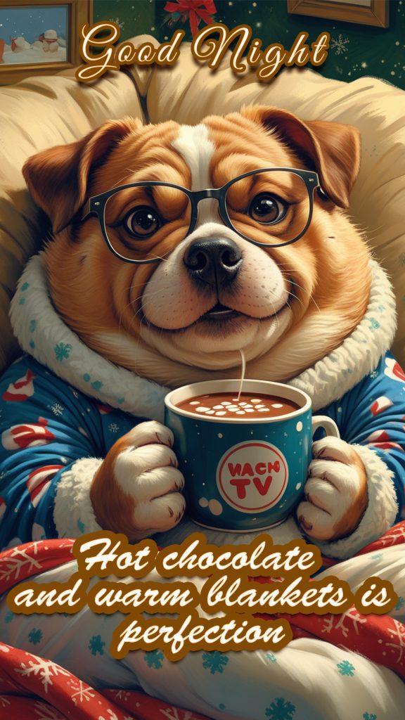An adorable dog cartoon in 3d, drinking hot chocolate with a warm and cozy blanket, and watching television at night - funny good night image 