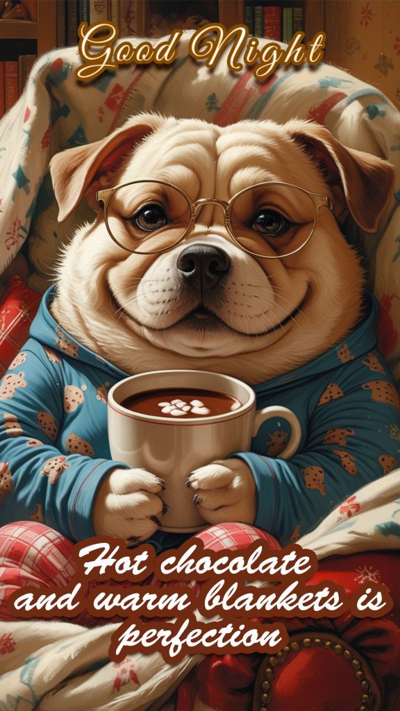An adorable dog cartoon in 3d, drinking hot chocolate with a warm and cozy blanket, and watching television at night - funny good night image 