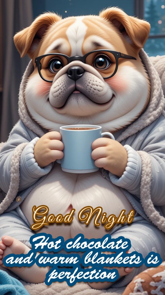 An adorable dog cartoon in 3d, drinking hot chocolate with a warm and cozy blanket, and watching television at night - funny good night image 