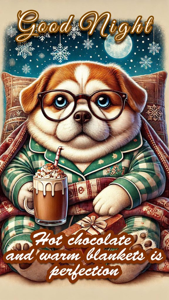 An adorable dog cartoon in 3d, drinking hot chocolate with a warm and cozy blanket, and watching television at night - funny good night image 