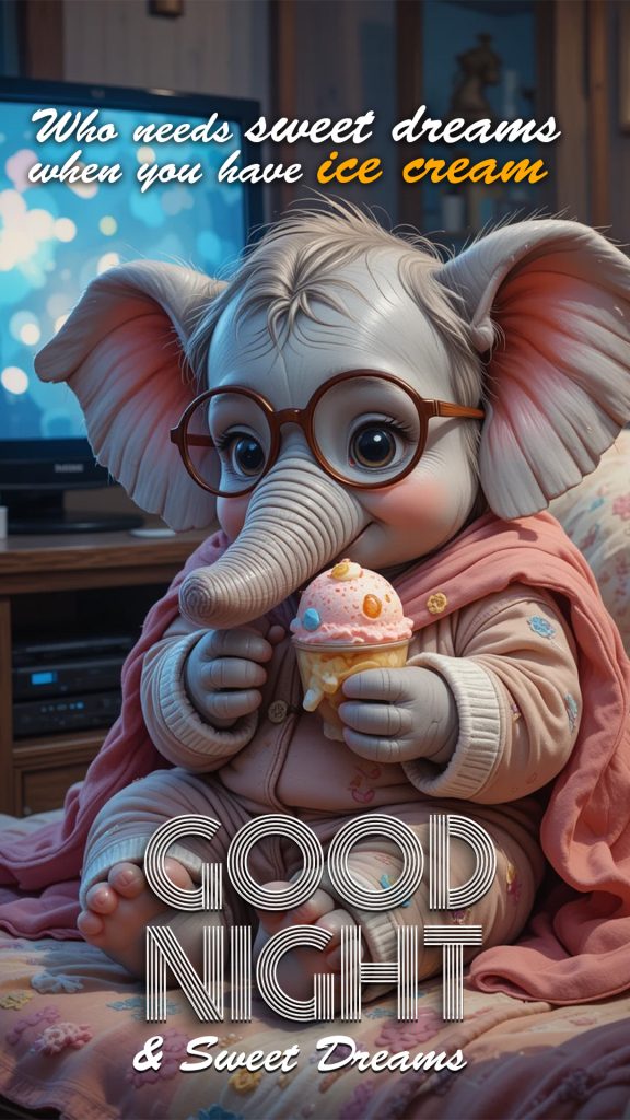 An adorable elephant cartoon in 3d, eating ice cream with a warm and cozy blanket, and watching television at night - funny good night image