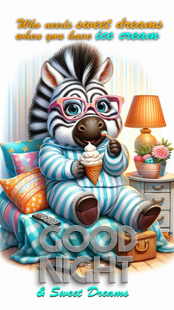 An adorable zebra cartoon in 3d, eating ice cream with a warm and cozy blanket, and watching television at night - funny good night image 