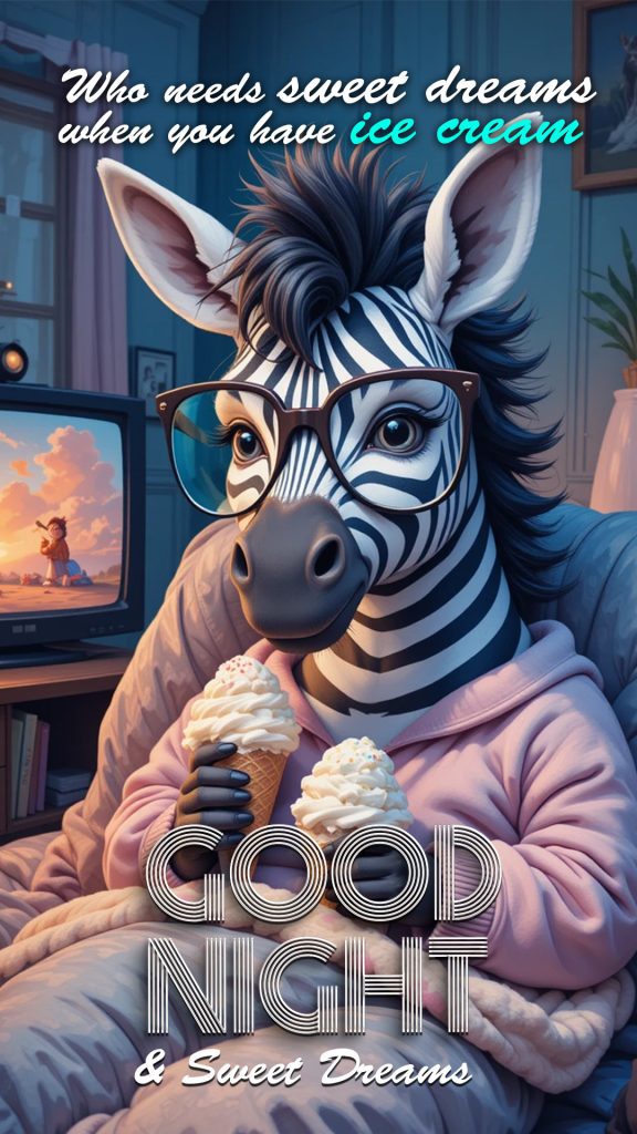 An adorable zebra cartoon in 3d, eating ice cream with a warm and cozy blanket, and watching television at night - funny good night image 