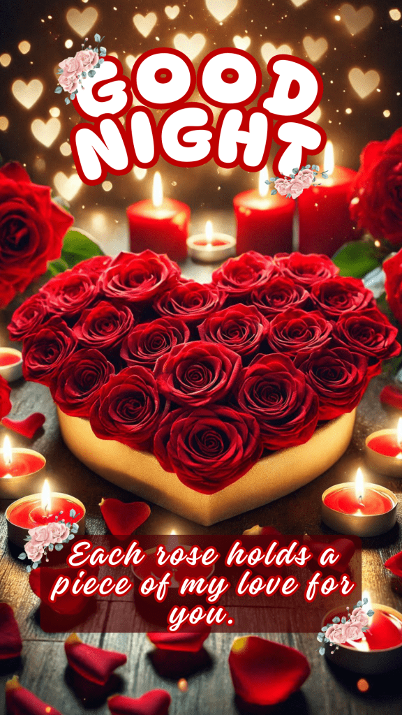 Romantic good night image featuring serene ambiance with the central focus on a heart-shaped arrangement of vibrant red roses. Surrounding the roses are glowing candles of various sizes, casting a warm and intimate light.