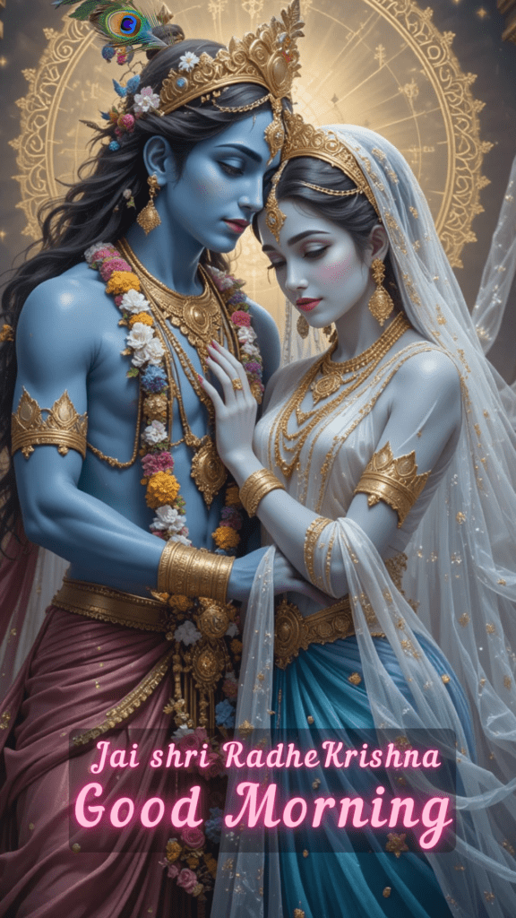 Radha Krishna good morning images - This image beautifully illustrates Lord Krishna and Radha's divine love. Radha wearing blue saree.