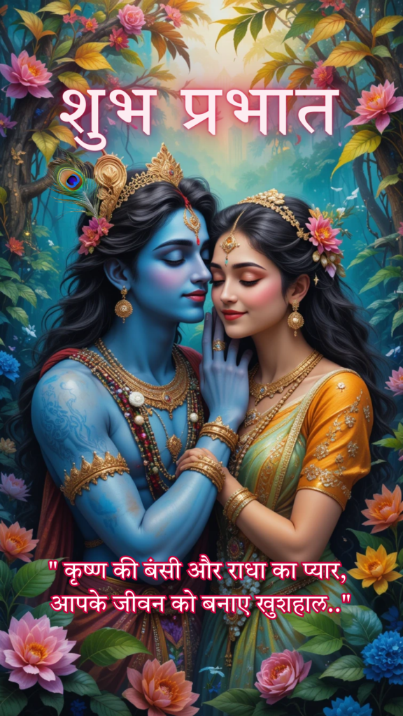 Radha Krishna good morning images - This image beautifully illustrates Lord Krishna and Radha's divine love. both are surrounded by flowers and leaves.
