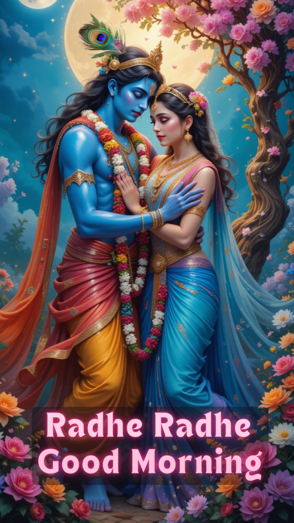 Radha Krishna good morning images - This image beautifully illustrates Lord Krishna and Radha's divine love. both are surrounded multiple color flowers and full moon glowing in background.