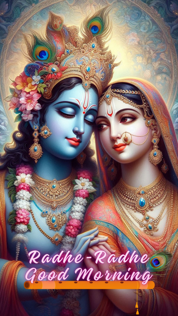 Radha Krishna good morning images - This image beautifully illustrates Lord Krishna and Radha's divine love. krishna adorned with peacock feather crown.