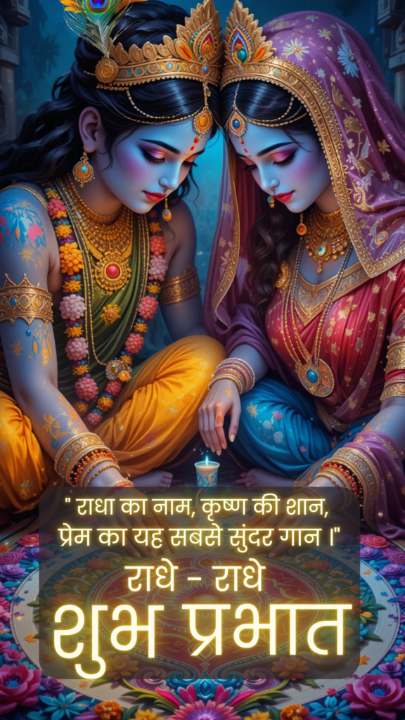 Radha krishna good morning images - Both are making a beautiful rangoli, krishna ji wearing yellow dhoti.