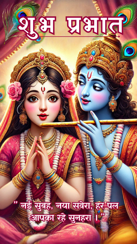 Radha krishna good morning images -Both are wearing golden crown. Radha wearing pink saree.