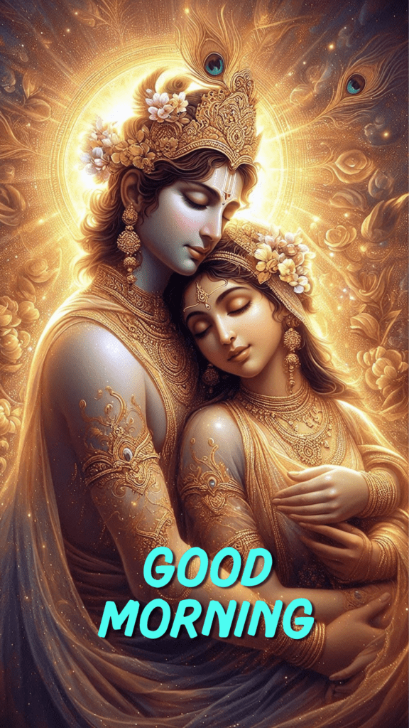Radha krishna good morning images - Lord Krishna and Radha are in a serene pose showcasing their divine love.