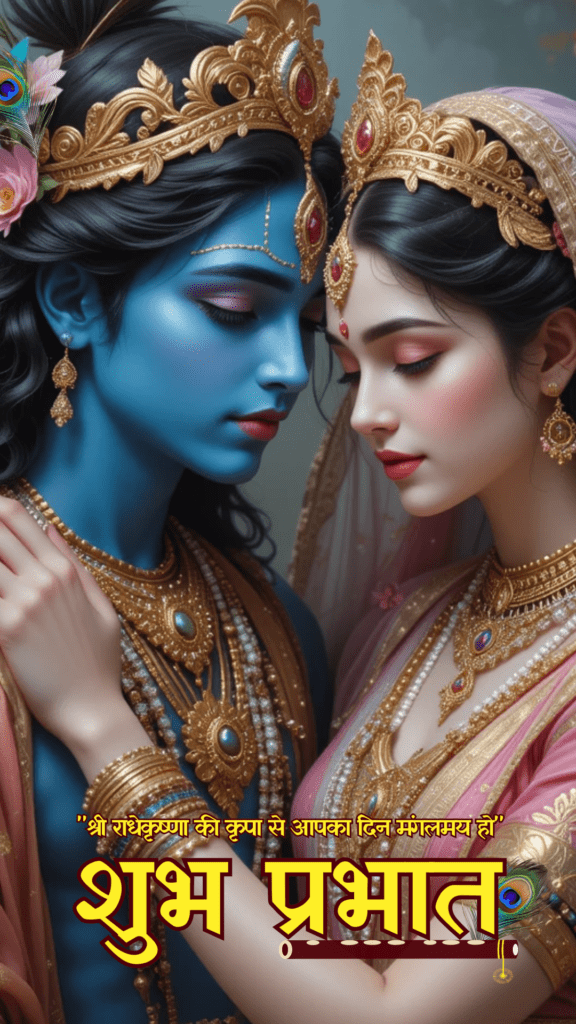 Radha krishna good morning images - Lord Krishna and Radha are in a serene pose showcasing their divine love.