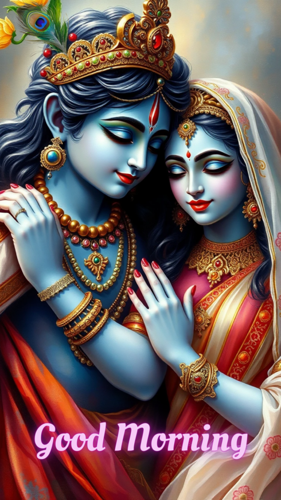 Radha krishna good morning images - Lord Krishna and Radha are in a serene pose showcasing their divine love for each other.
