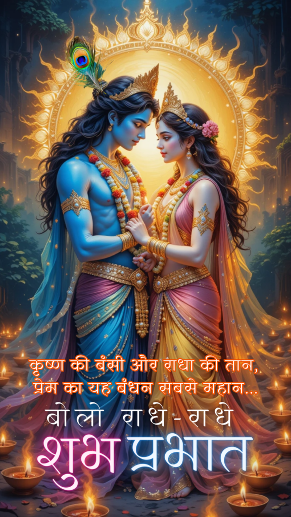 Radha krishna good morning images - Lord Krishna and Radha are in a serene pose showcasing their divine love. Krishna is adorned in blue dhoti.