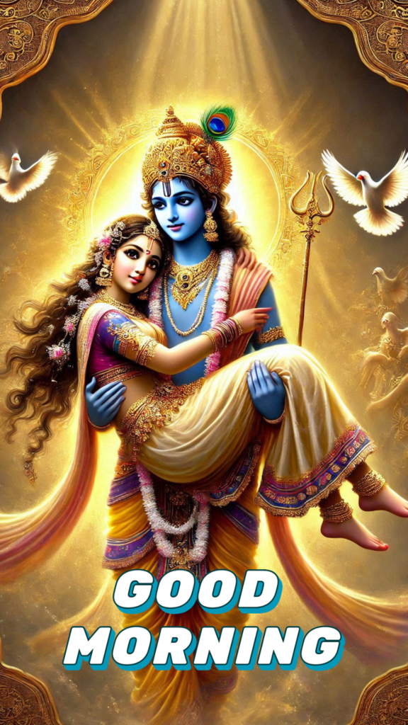 Radha krishna good morning images - Lord Krishna and Radha are in a serene pose showcasing their divine love. Lord krishna holding radha in his hands.