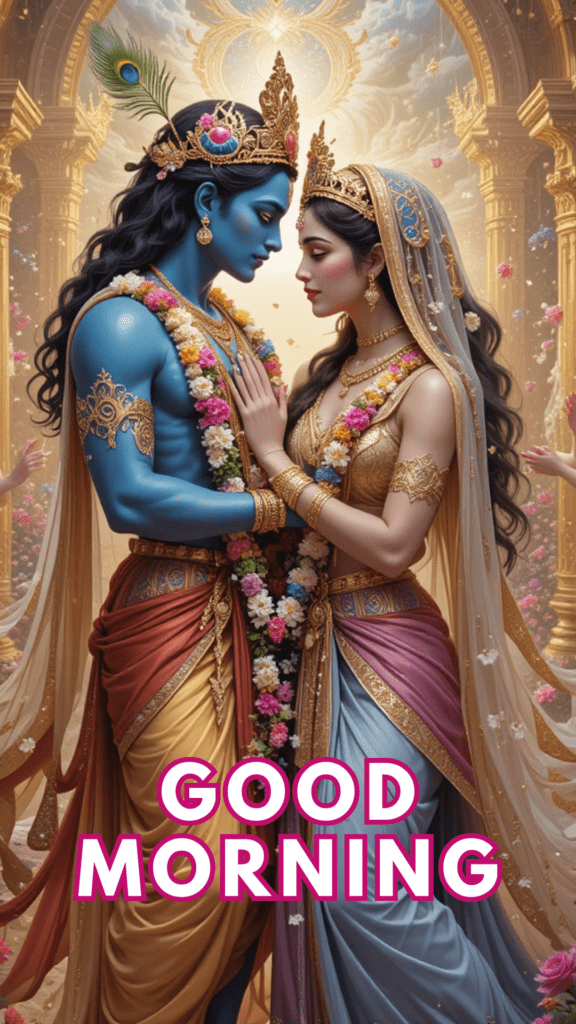 Radha krishna good morning images - Lord Krishna and Radha are in a serene pose showcasing their divine love. Radha wearing pink and blue dress.