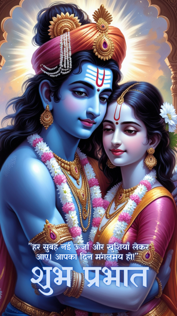 Radha krishna good morning images - Lord Krishna and Radha are in a serene pose showcasing their divine love. Radha wearing pink and golden dress.