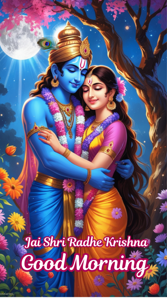 Radha krishna good morning images - Lord Krishna and Radha are standing in the garden in full moon night. Multi color flowers are blooming around them.