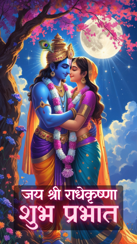 Radha krishna good morning images - Lord Krishna and Radha are standing under the tree in full moon night.