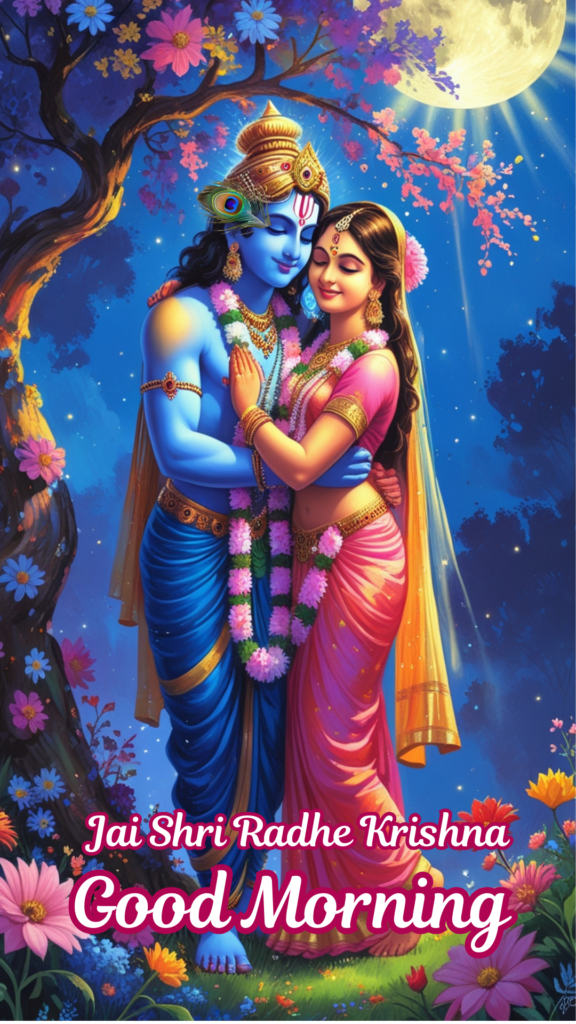 Radha krishna good morning images - Lord Krishna and Radha are standing under the tree in full moon night. Flowers are blooming around them.