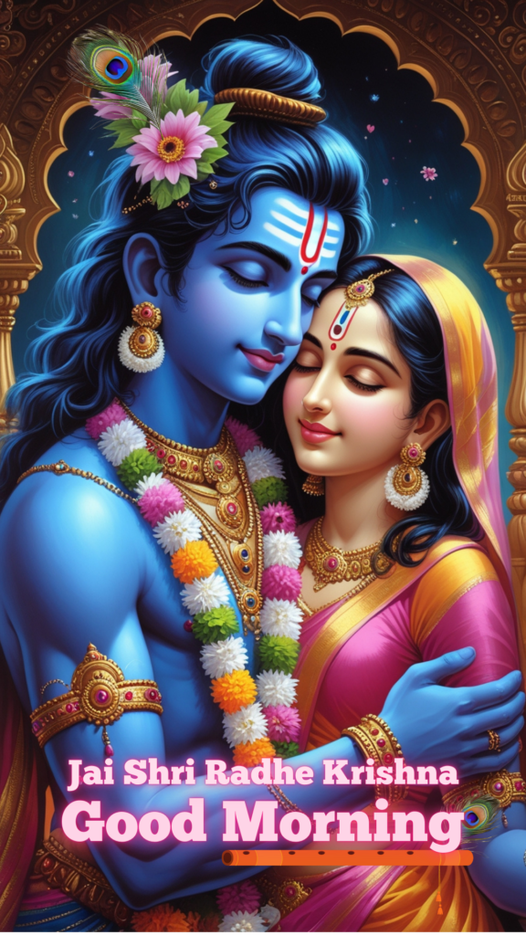 Radha krishna good morning images - Lord Krishna and Radha in serene pose showcasing their divine love.